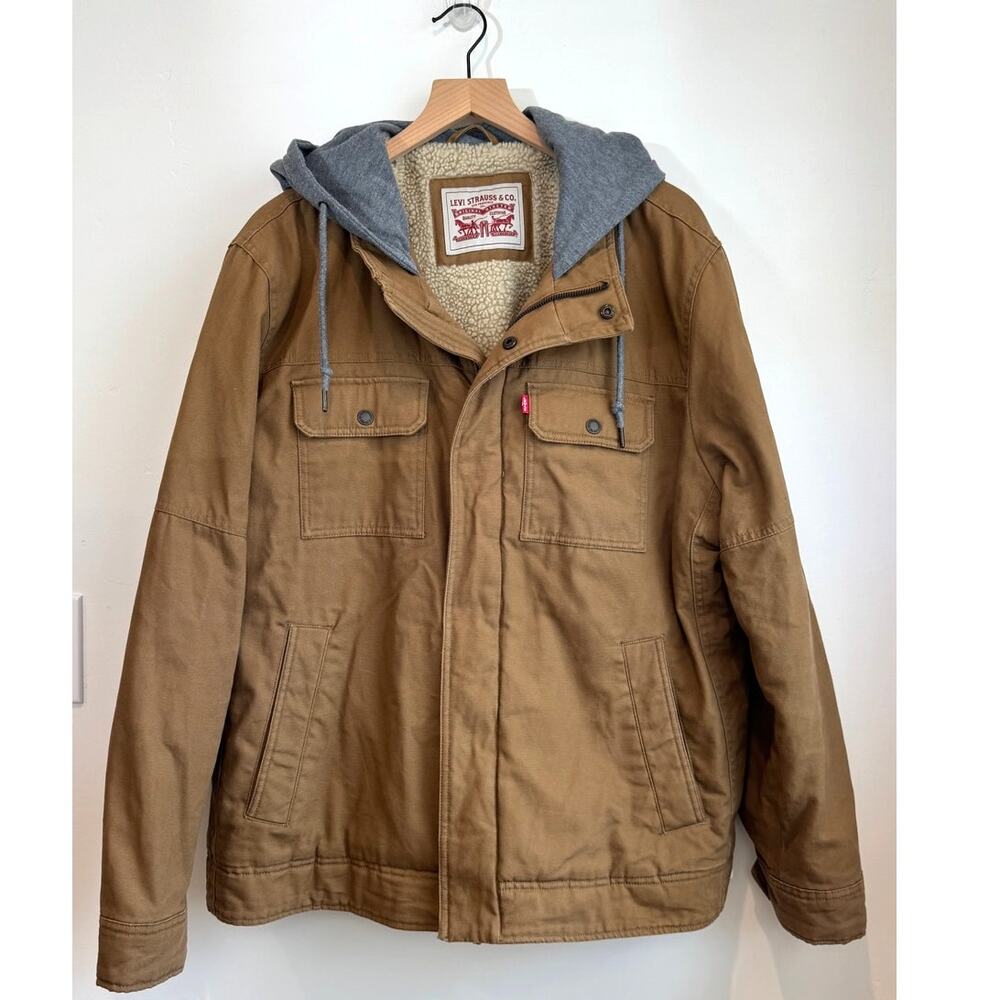 Levi’s Sherpa Lined Hooded Trucker Jacket Men’s XL Brown Canvas Workwear Coat